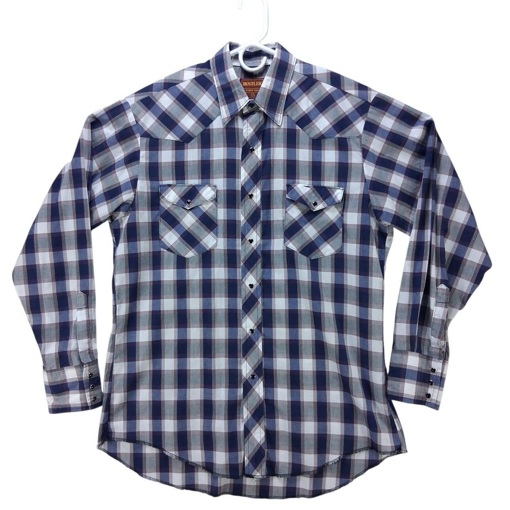 Rustler Mens Western Plaid Pearl Snap Shirt Navy White X-Long Tails 16.5 34/35